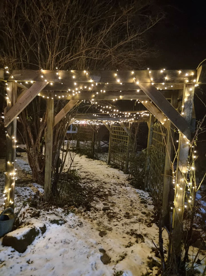 pergola med lampor på kvällen