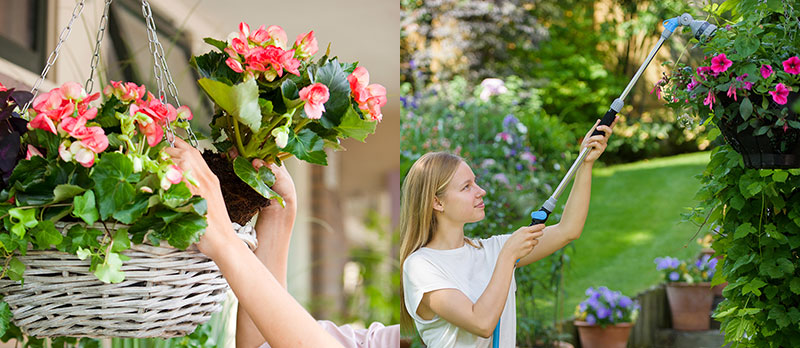 Ampel med sommarblommor och krukväxter och vattning med vattenpistol
