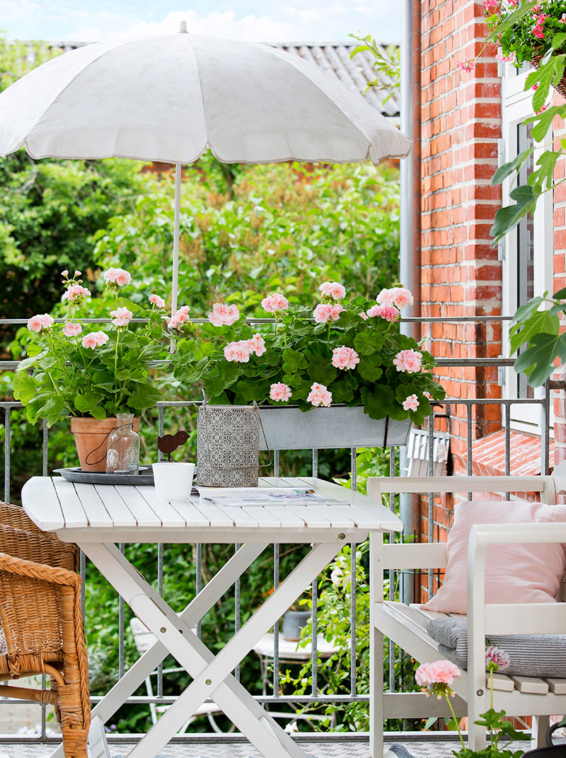 Balkong med blomsterlåda på sommaren