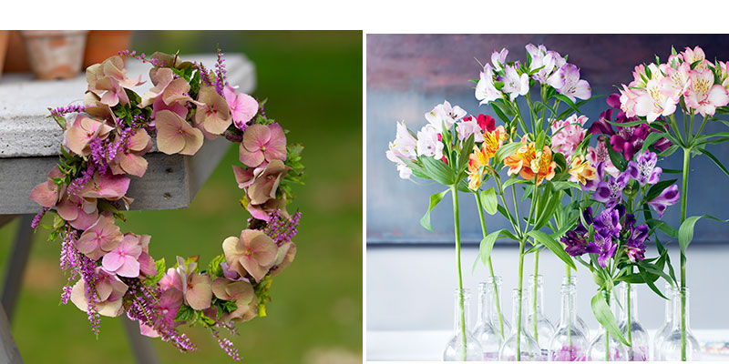 krans av hortensia och ljus och alstroemeria som snittblomma i vaser