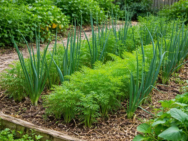 Samodling av morot och lök i köksland.