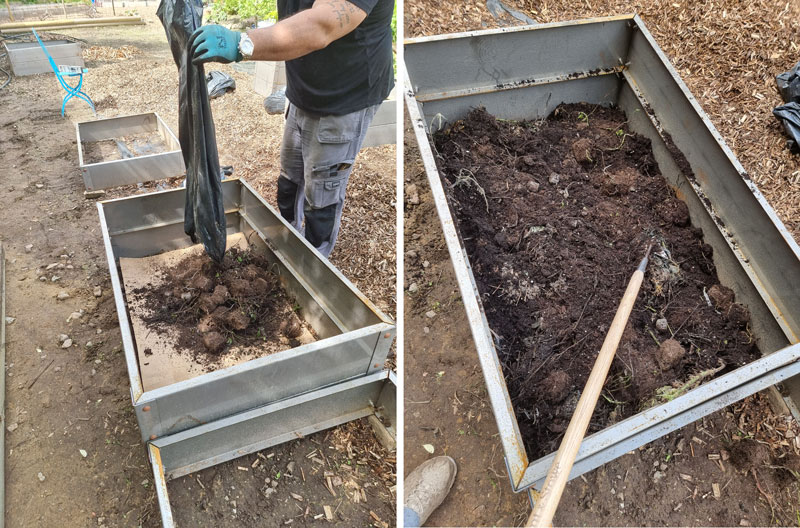 Odlingslåda bottnad med kartong, krukjord och växtrens