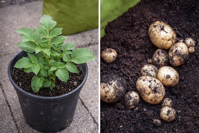 Odling och skörd av potatis i kruka och säck