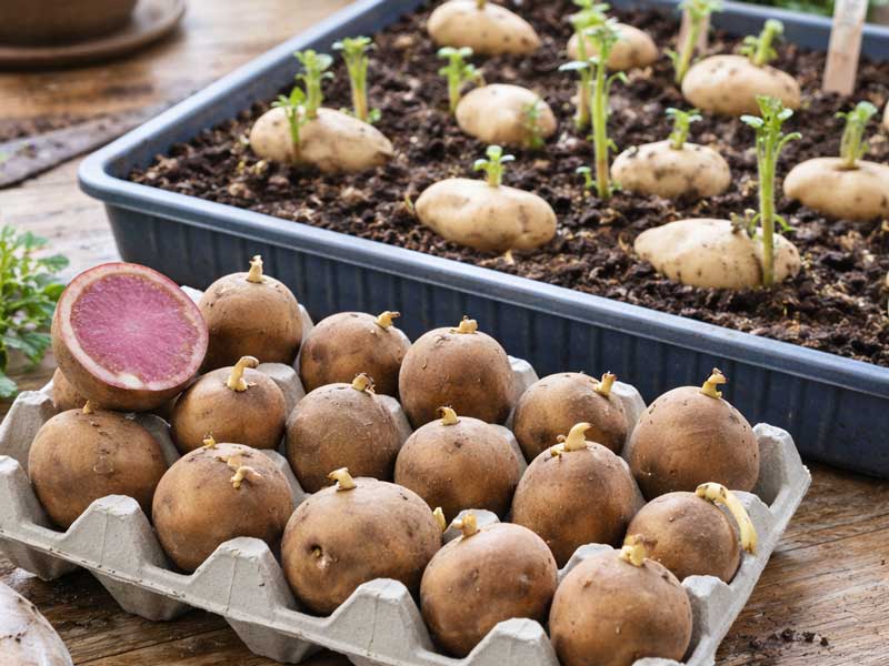 Förgroning av potatis i äggkartong och låda med mulljord.