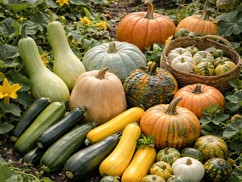 Olika sorter av pumpor, squash och kalebass