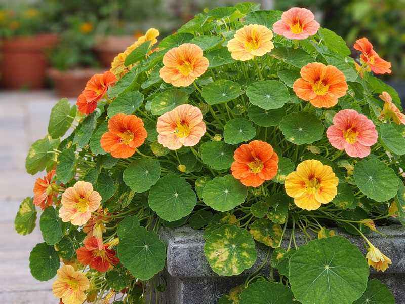 Blomsterkrasse i olika färger i kruka