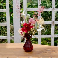 Röd minivas med rosenskära, silverbuske, alunrotsblommor m.m - wh